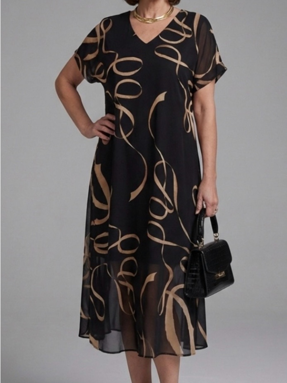 Chiffon V-Neck Midi Dress in Black and Tan